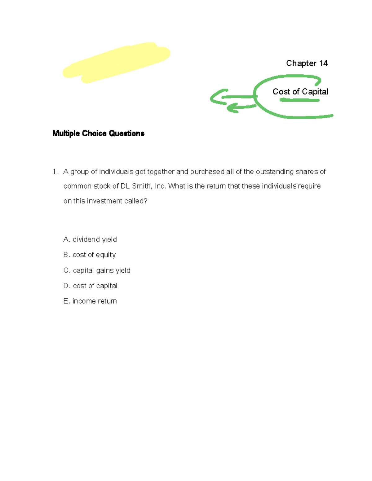 Ch14 tb - Test bank of cost of capital multiple choice questions - Studocu