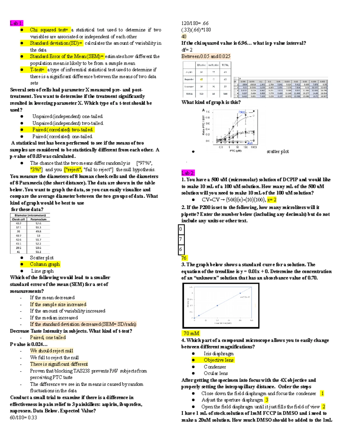 トライアル生物1B Bio 1AL Practice Questions - Lab 1: ○ Chi squared test= a