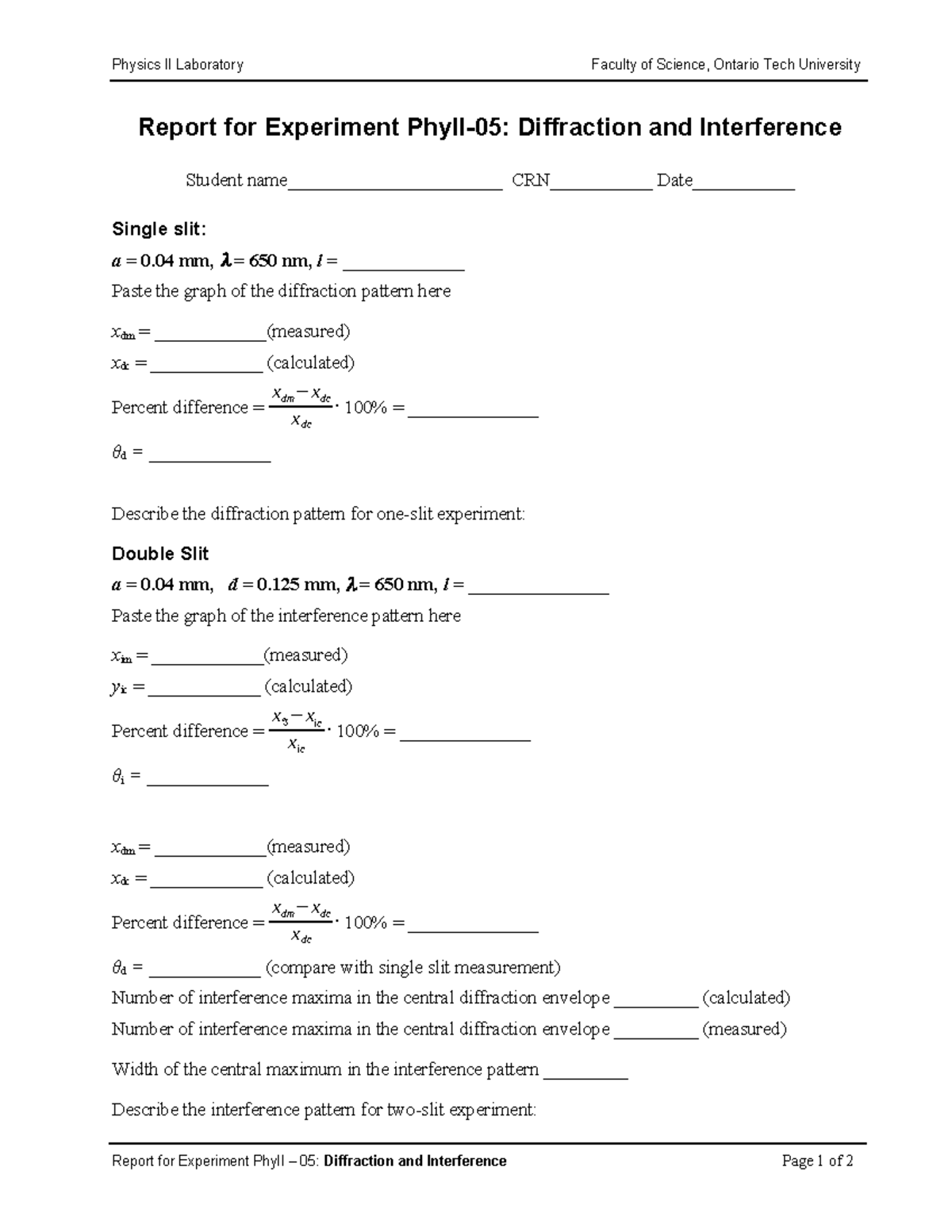 Report Diffraction - Physics II Laboratory Faculty of Science, Ontario ...