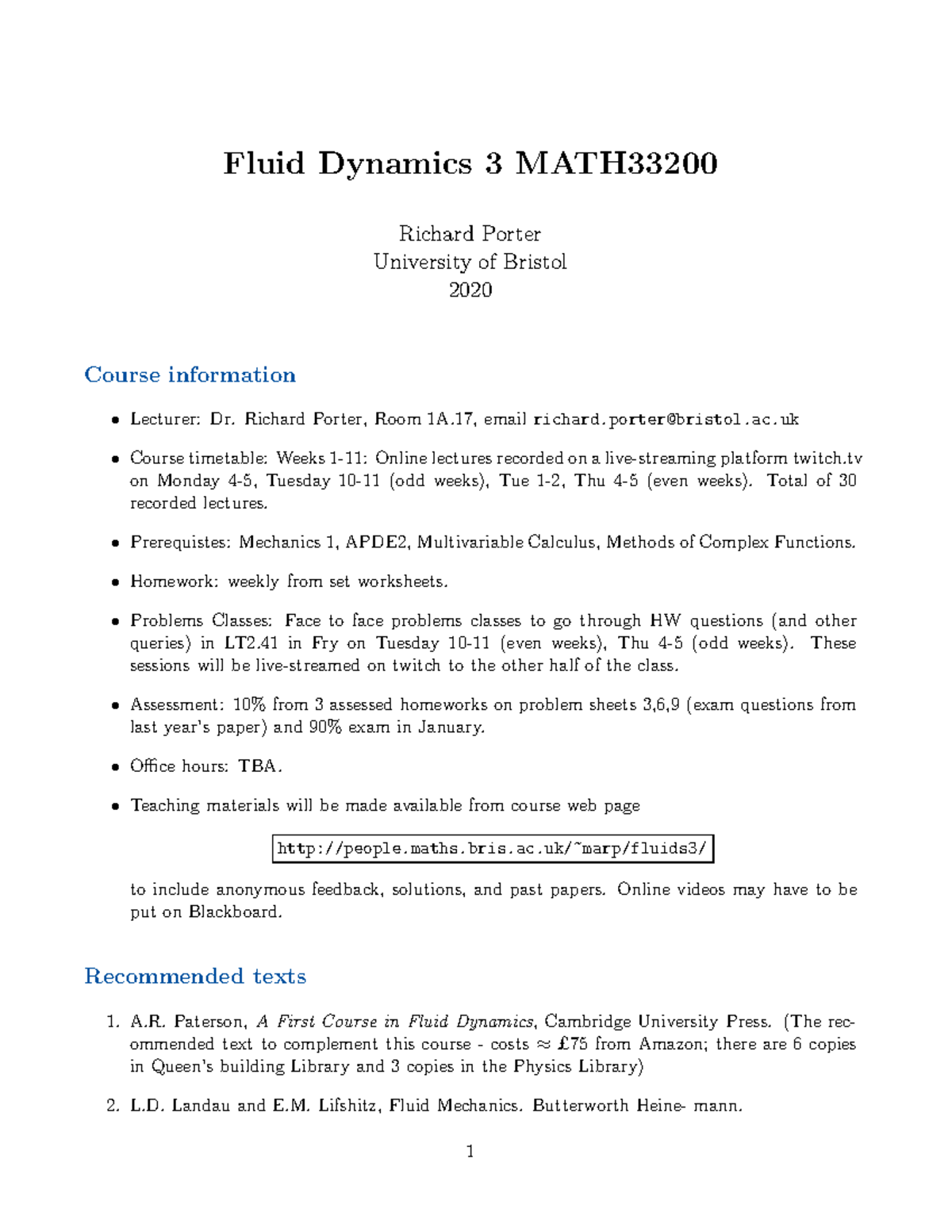 Fluid Dynamics Lecture Notes 2020: Key Concepts and Definitions - Studocu