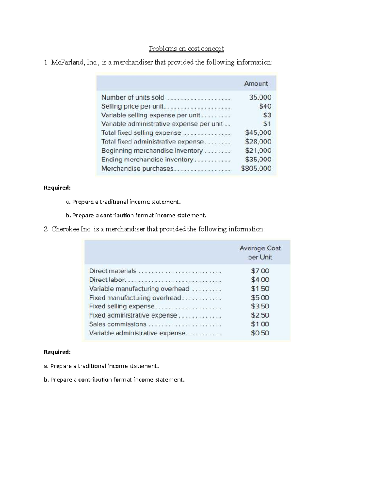 Cost Concepts Practice Problems L-5.1: Income Statements & Cost ...