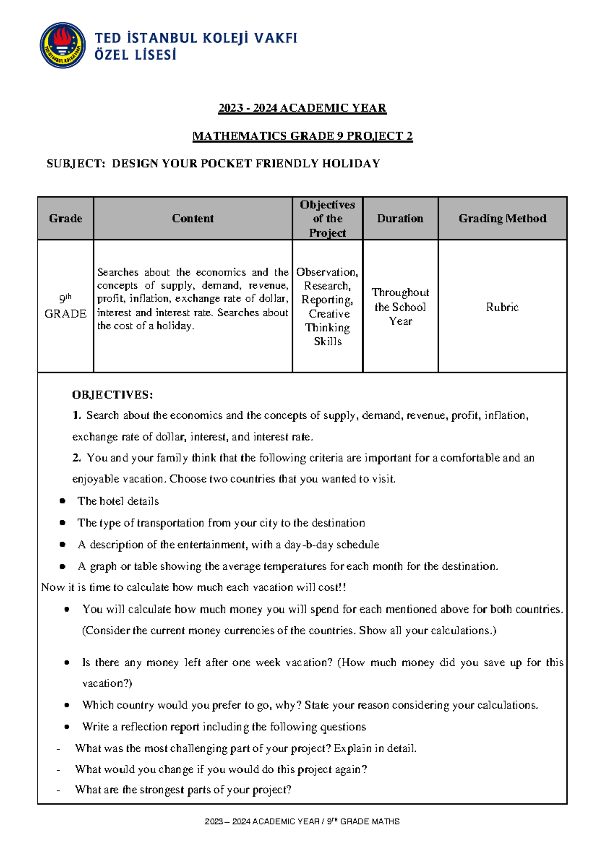 2023-2024 Grade 9 Math Project 2: Pocket-Friendly Holiday Design - Studocu