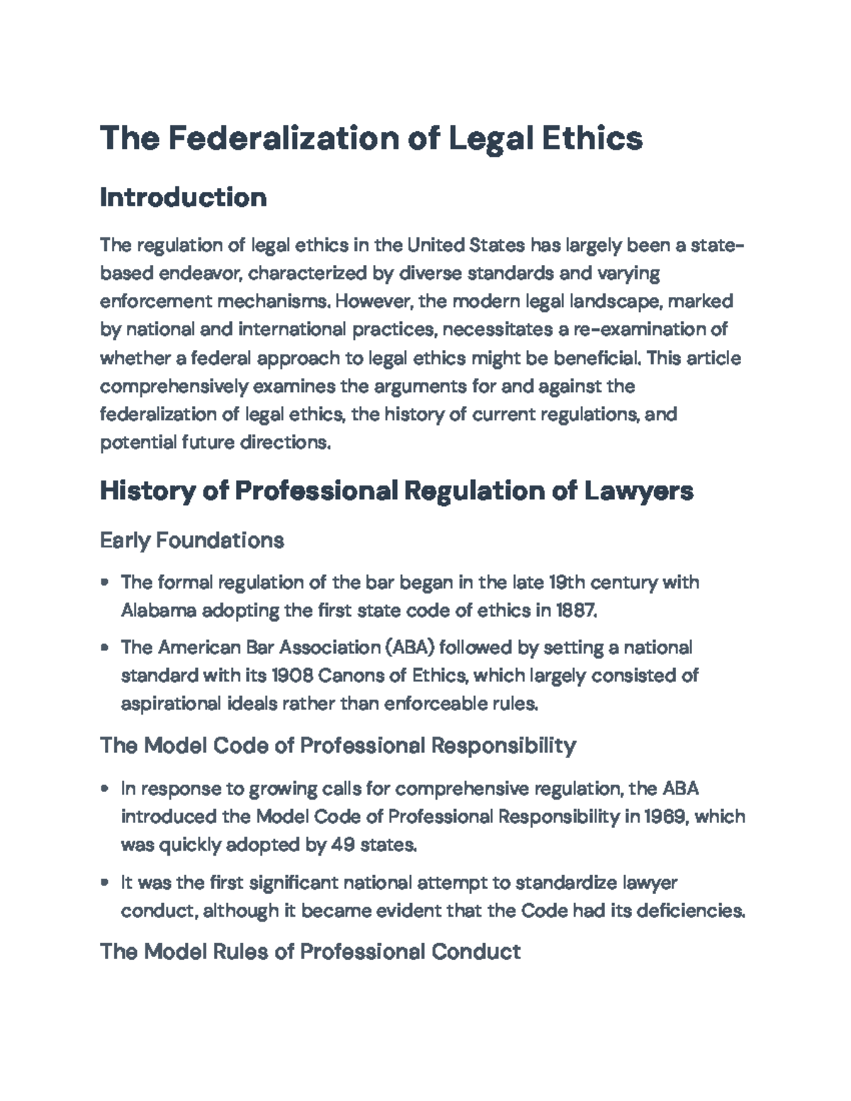 Federalization of Legal Ethics: A Comprehensive Analysis and Future ...