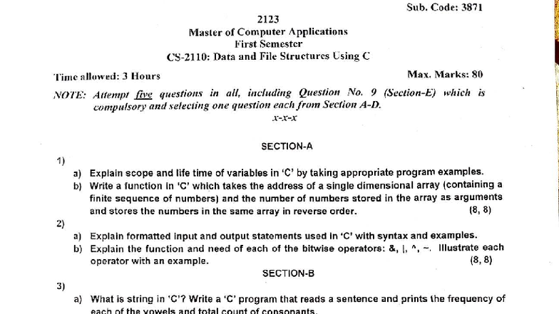 Sub. Code: 3871 2123 MCA 1st Sem Data & File Structures Exam Notes ...