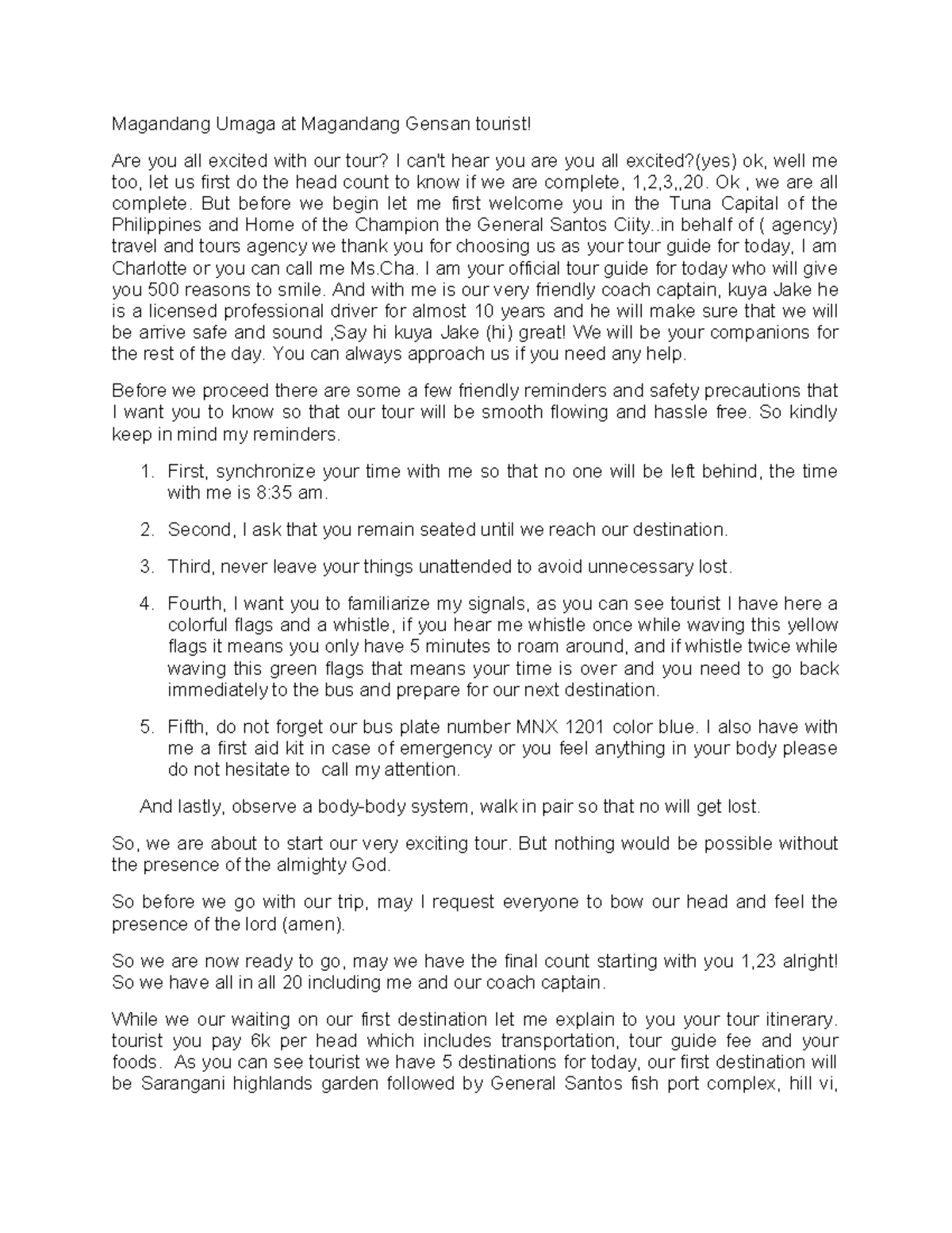 TOUR Guide Script for 124421: Exploring General Santos City - Studocu
