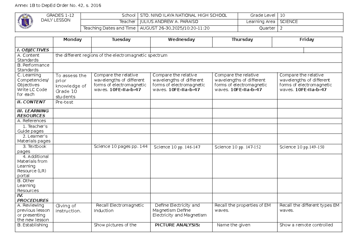 WLP Science 10: Week 1 Lesson Plan on Electromagnetic Waves - Studocu