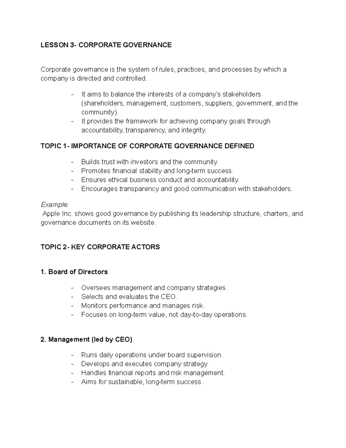 Lesson 3 Notes - Corporate Governance Overview and Key Principles - Studocu