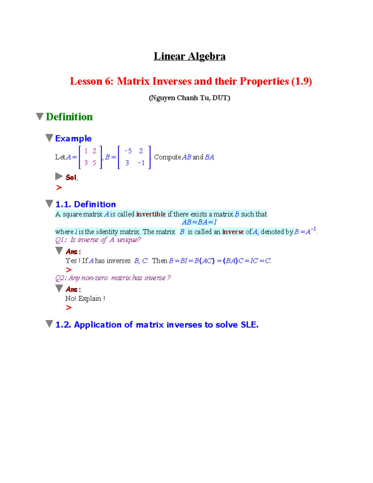 Linear Algebra Lesson 6: Matrix Inverses & Properties (1.9) - Studocu