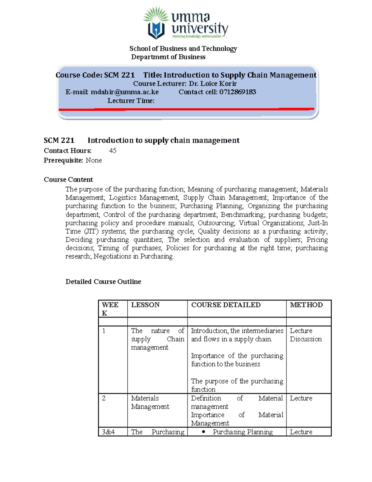 SCM 221 Introduction to Supply Chain Management Course Outline - Studocu