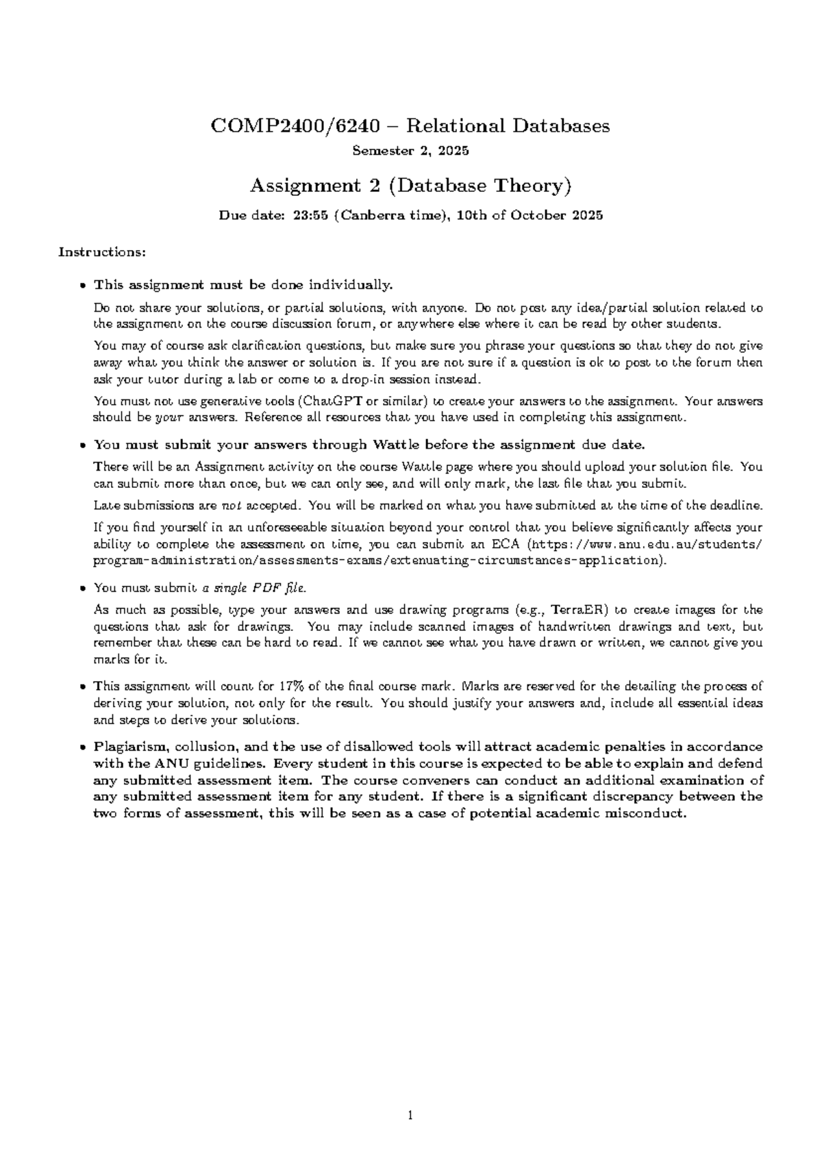 Relational Databases (DB Theory) Sem 2, 2025 Assignment 2 Guidelines ...