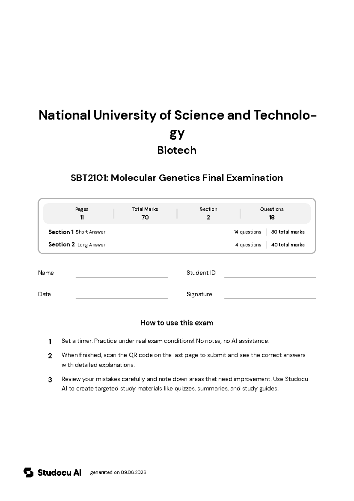 SBT2101: Molecular Genetics Final Examination - Studocu