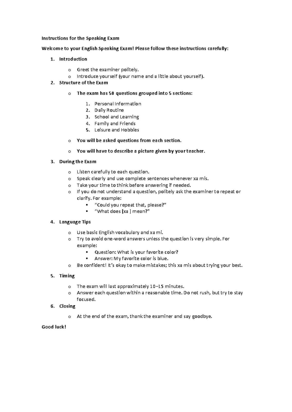 English Speaking Exam Instructions: Tips & Structure - Studocu