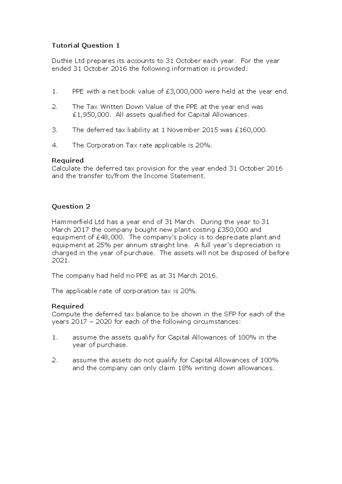 Def Tax (1) Tutorial Questions - Tutorial Question 1 Duthie Ltd ...