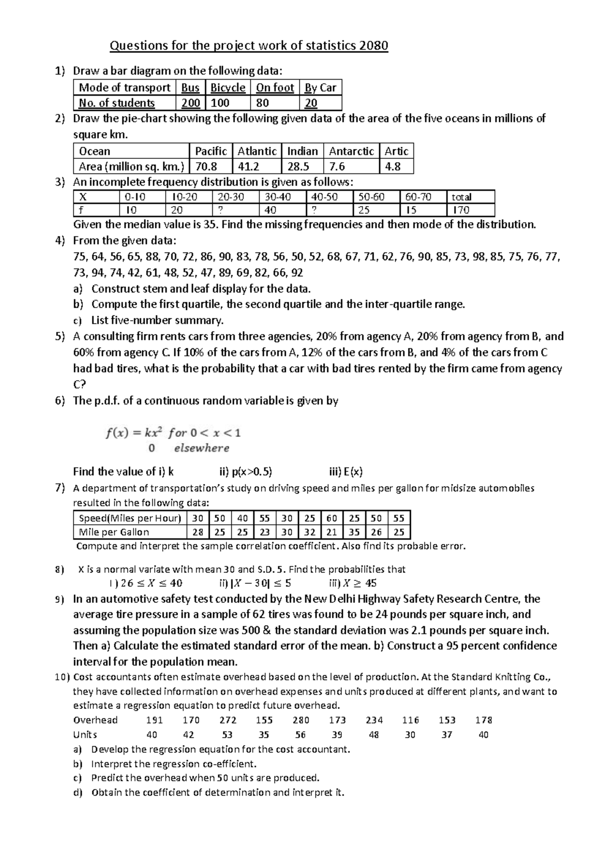 Project work of statistics 2081 - Questions for the project work of ...