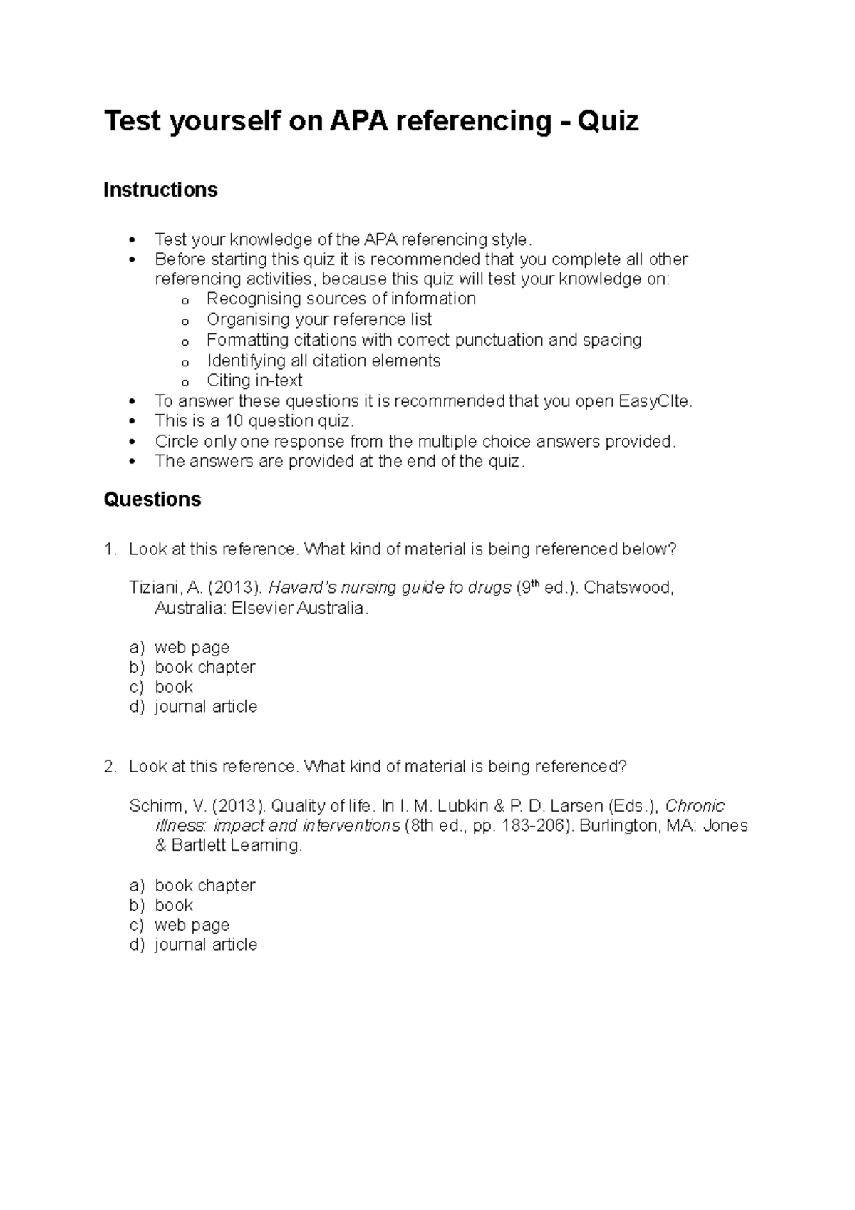 Quiz on APA Referencing - Test Your Knowledge - EDC 101 - Studocu