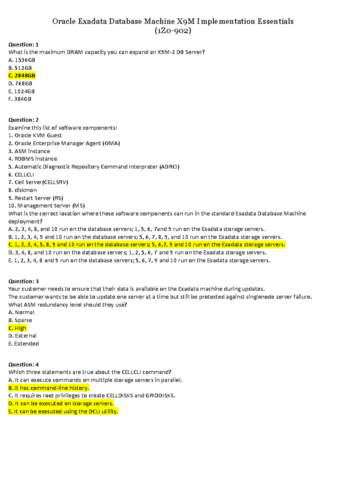 1Z0-902 - Oracle Exadata Database Machine Implementation Notes - Studocu