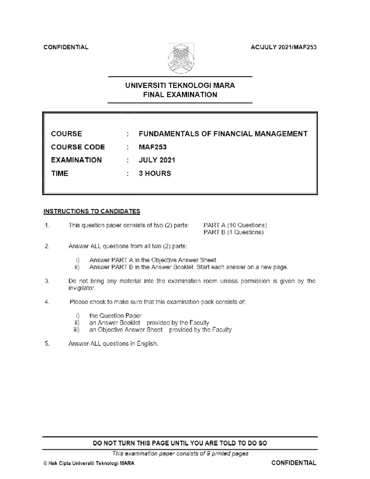 MAF253 Final Exam July 2021 - Fundamentals of Financial Management ...