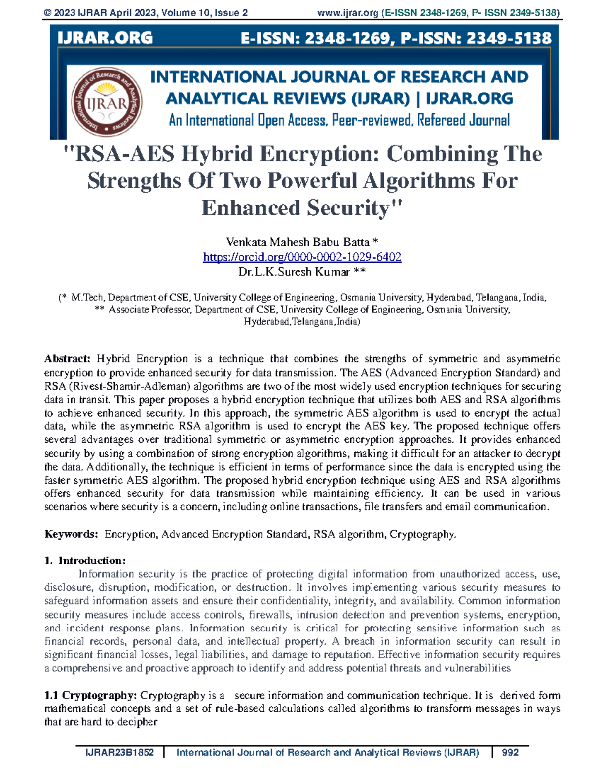 Hybrid Encryption Techniques: AES & RSA for Enhanced Security  (IJRAR23B1852) - Studocu
