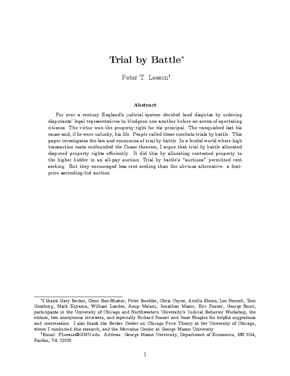 Trial Battle: Law and Economics of Medieval Judicial Combat (LEO) - Studocu