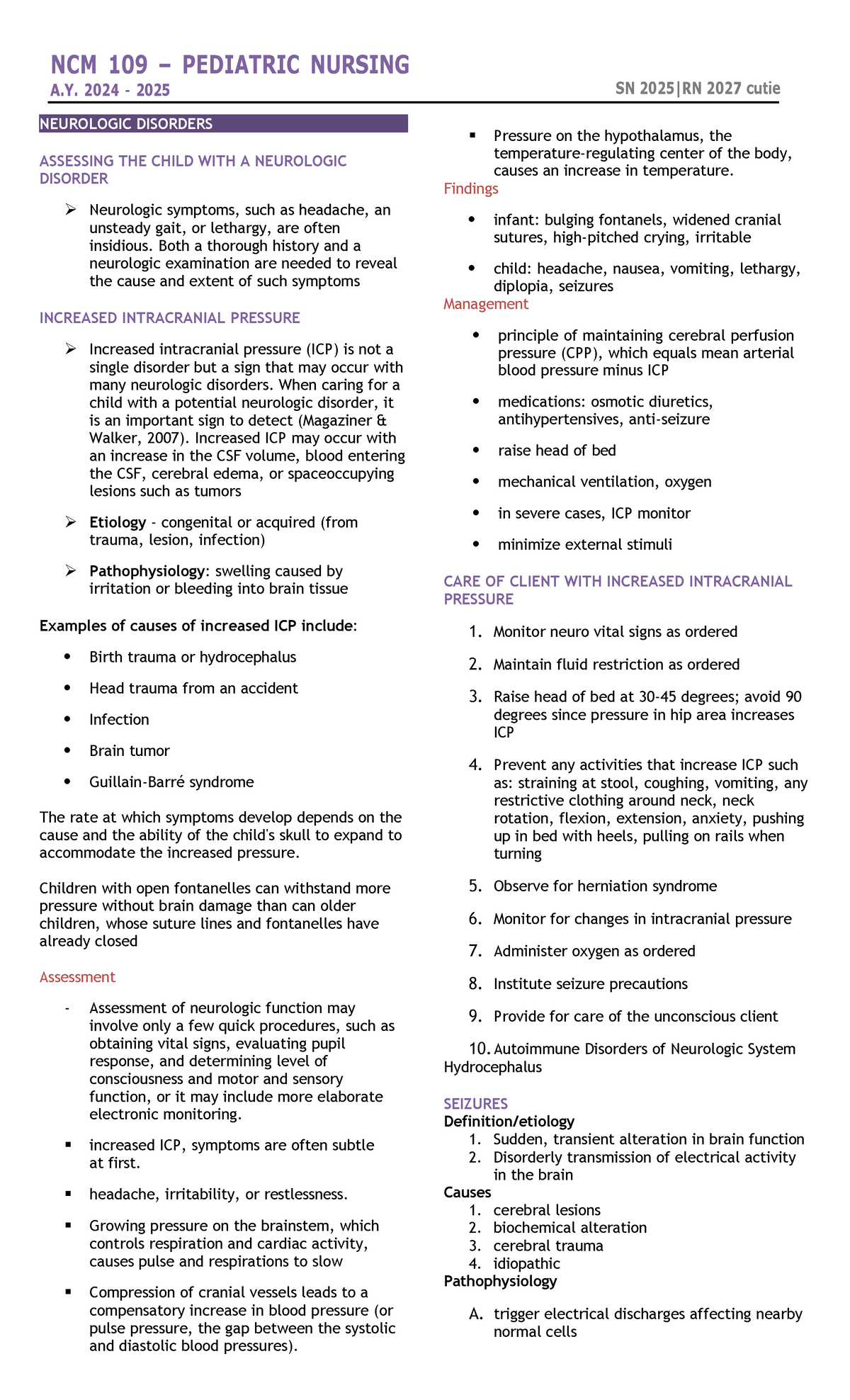 Pediatrics NCM 109 Final Exam Review: Neurologic Disorders & Care A.Y ...