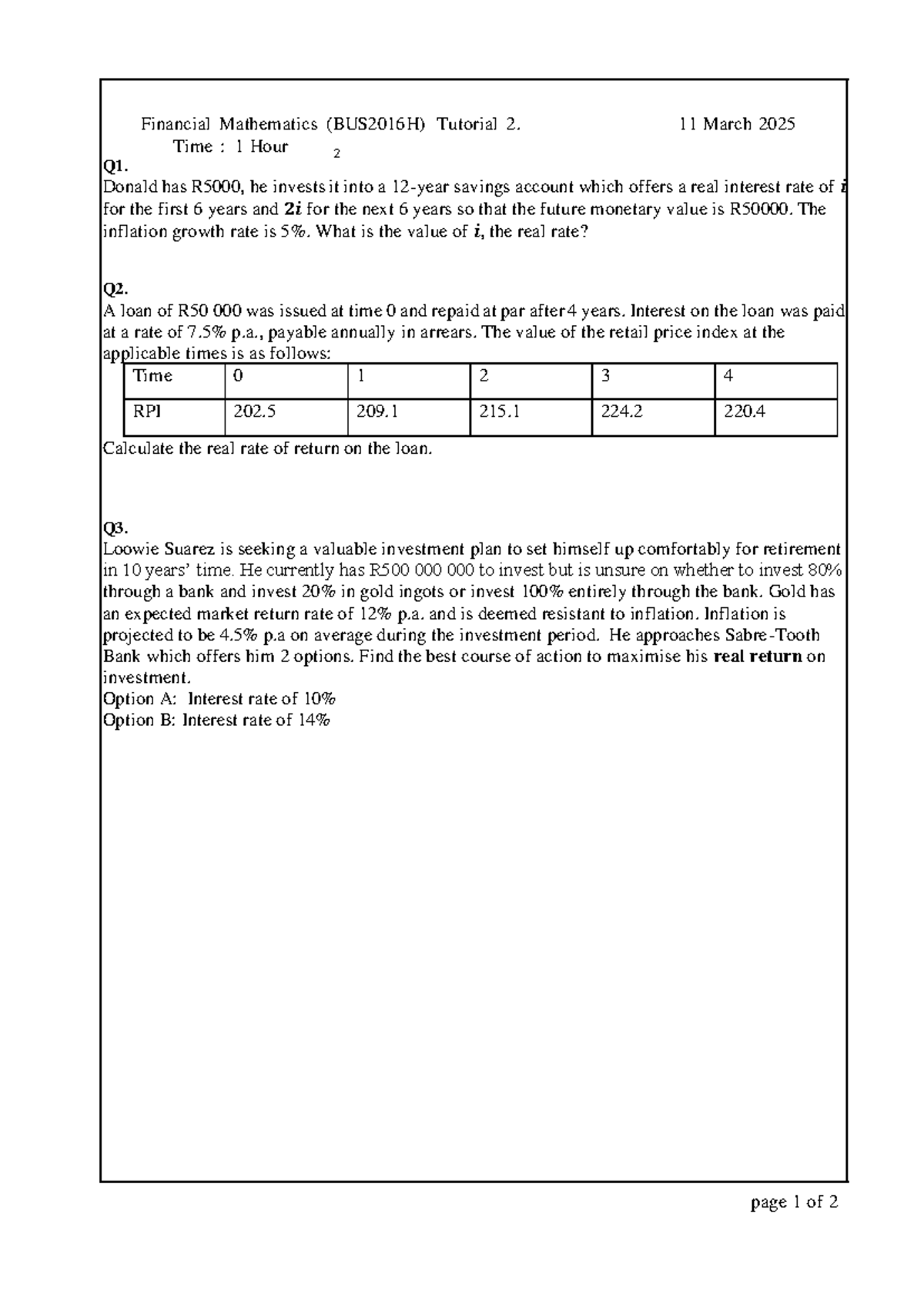 BUS2016H Tutorial 2 Financial Math Problems and Solutions 2025 - Studocu