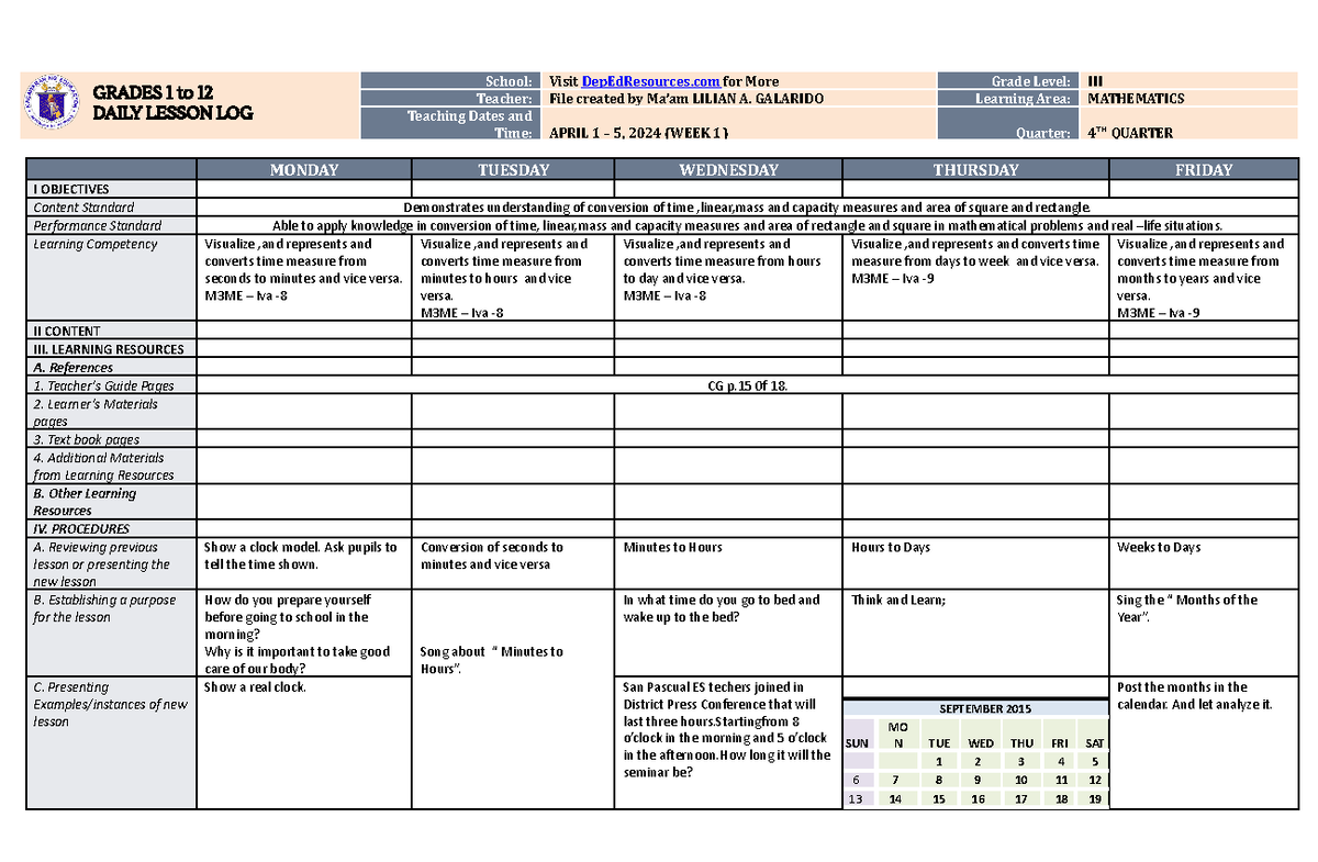 DLL Math 3 Q4 W1: Time Conversion & Measurement Lesson Plan - Studocu
