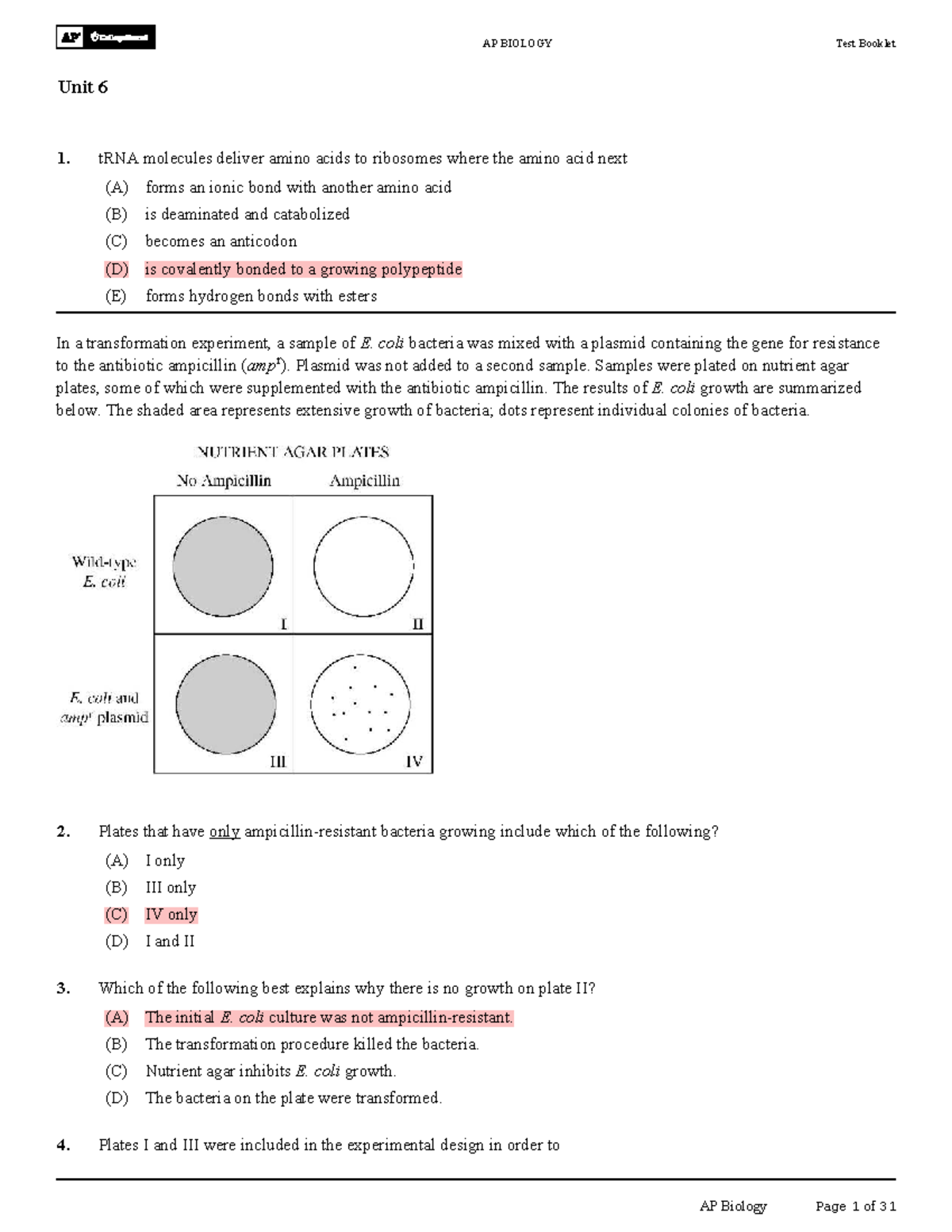AP BIOLOGY Unit 6 Final Exam Test Booklet - Studocu