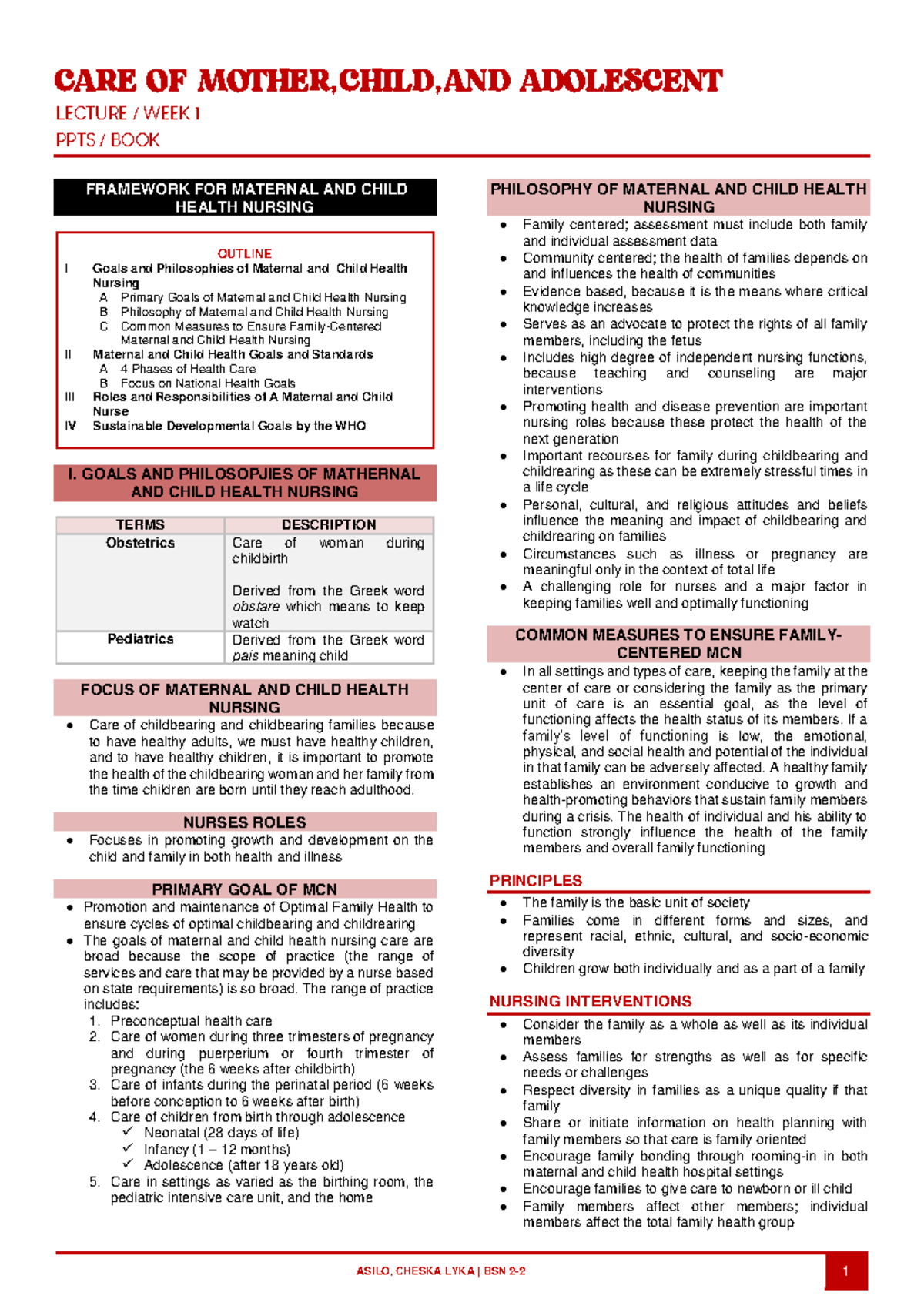 MCN 1: Introduction to Maternal and Child Health Nursing Framework ...