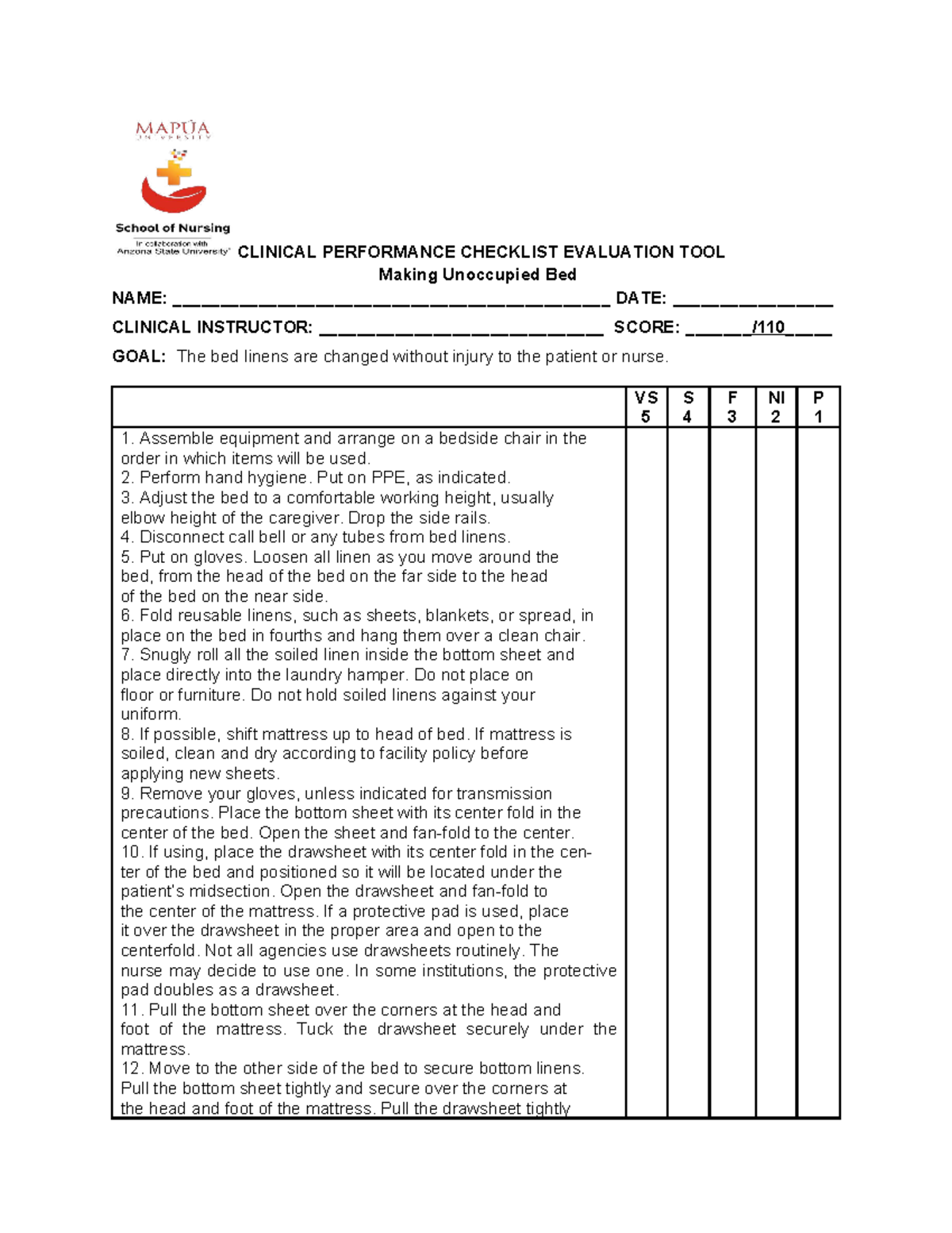 CLINICAL PERFORMANCE CHECKLIST: Making Unoccupied Bed (CPR 101) - Studocu
