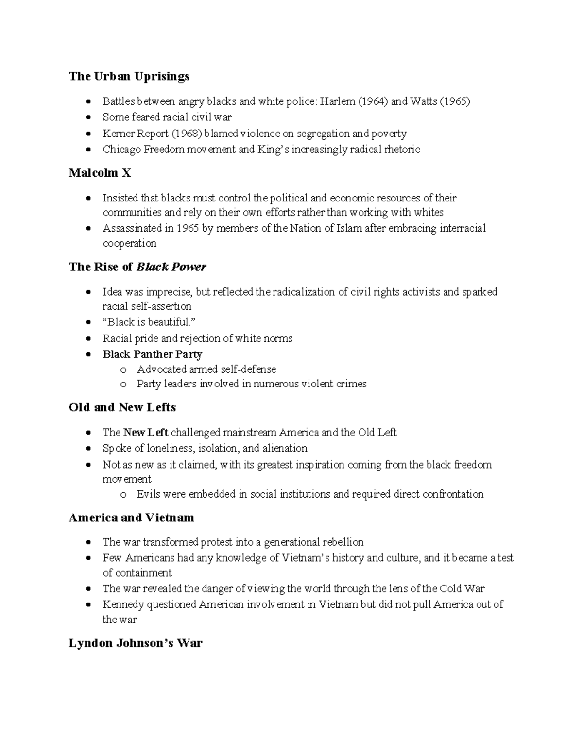 American History Notes 4: Urban Uprisings, Vietnam War, and the Rise of ...