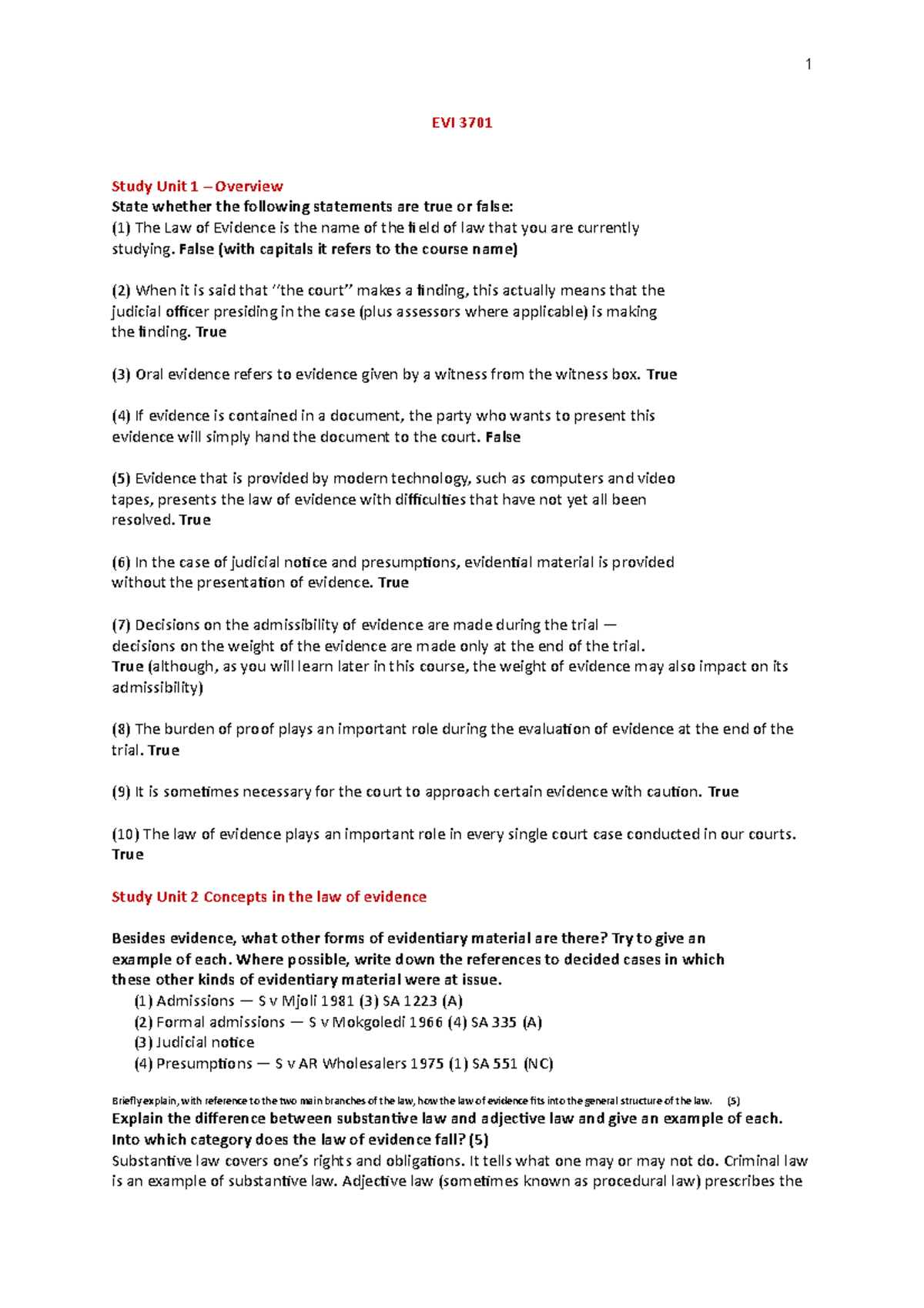 EVI3701 Final Exam Notes: Summary of Key Laws of Evidence Principles ...