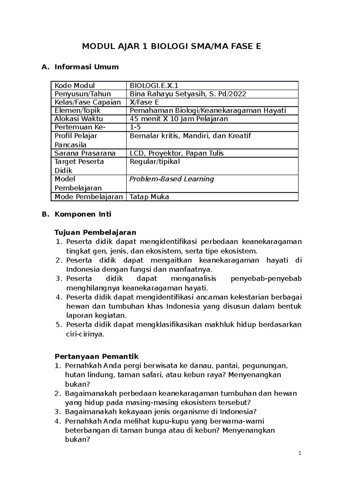 Modul AJAR BIOLOGI SMA Kelas X: Keanekaragaman Hayati BAB 1 - Document Preview