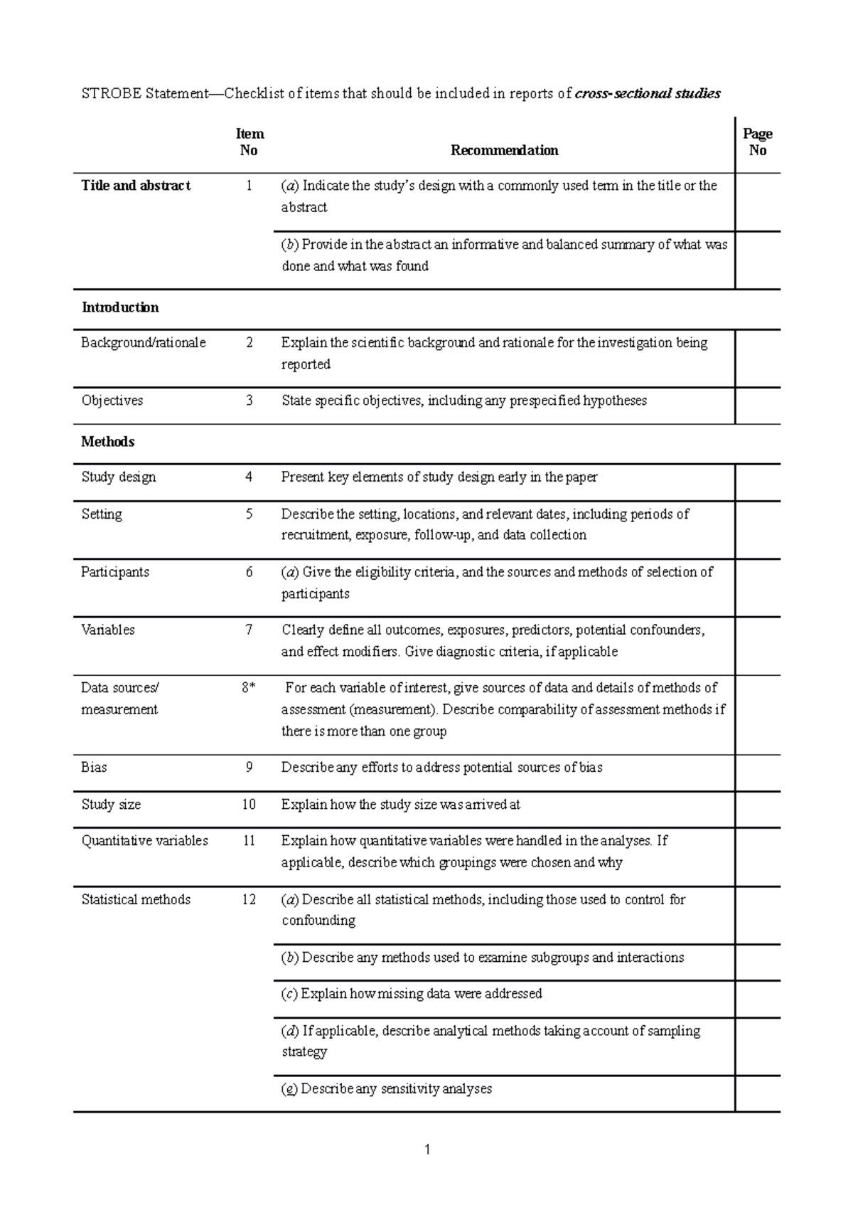 STROBE Checklist for Cross-Sectional Studies: Essential Items - Studocu
