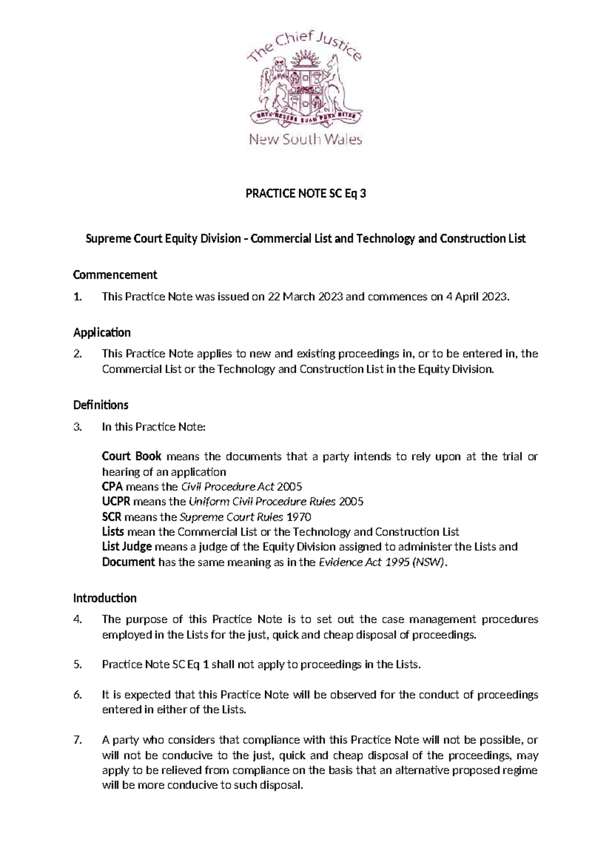 Practice Note SC Eq 3: Case Management in Commercial & TC Lists - Studocu
