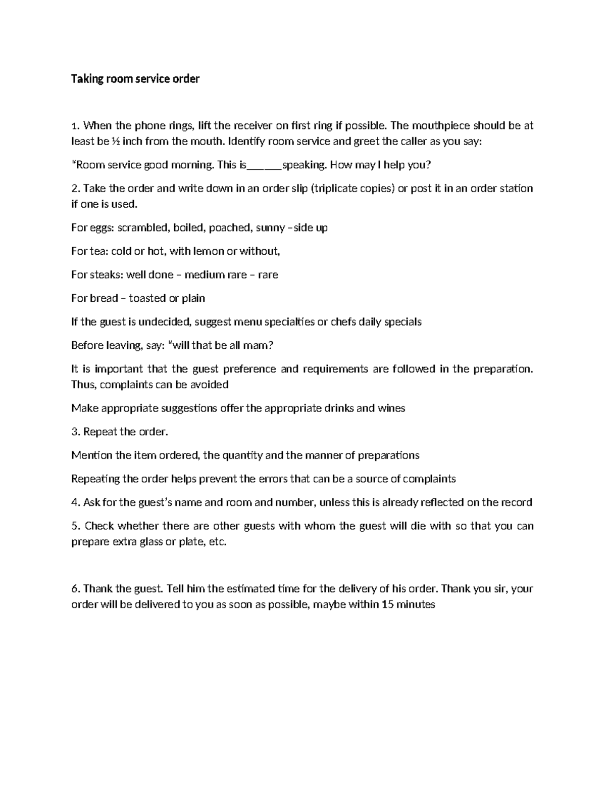 Room Service Procedures: Comprehensive Guide for Order Taking ...