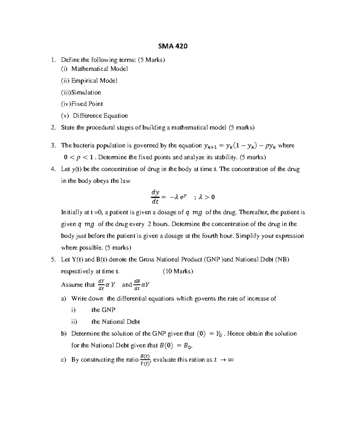 SMA 420 Modelling Practice Questions: Definitions & Equations - Studocu