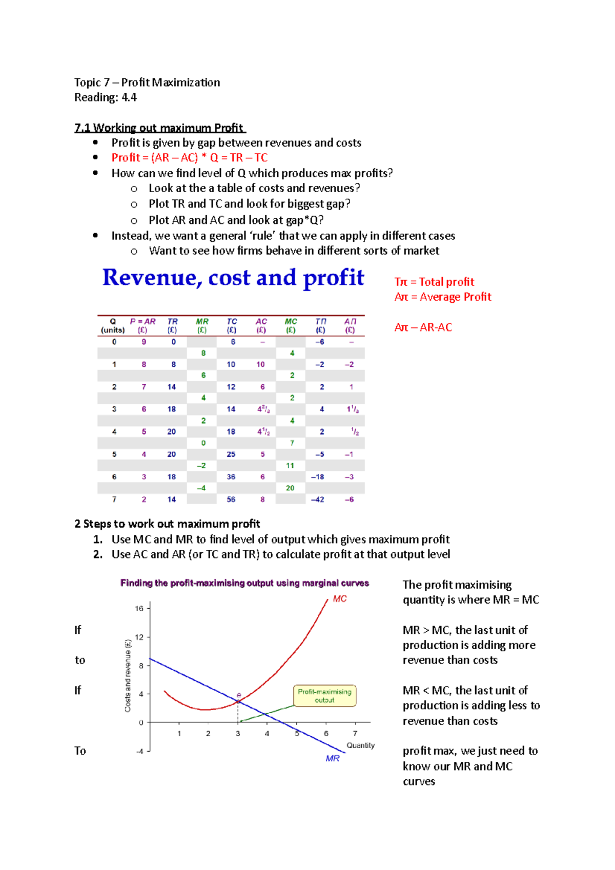 Topic 7 Profit Maximisation Personal Notes - Topic 7 – Profit ...