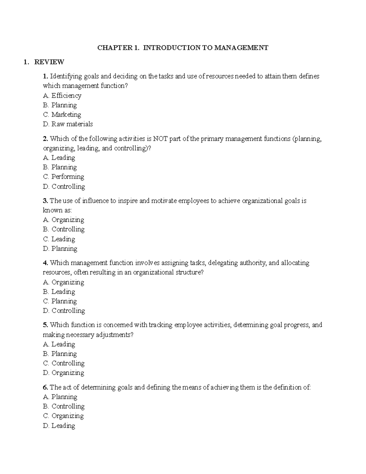 CHAPTER 1: INTRODUCTION TO MANAGEMENT - REVIEW QUESTIONS - Studocu