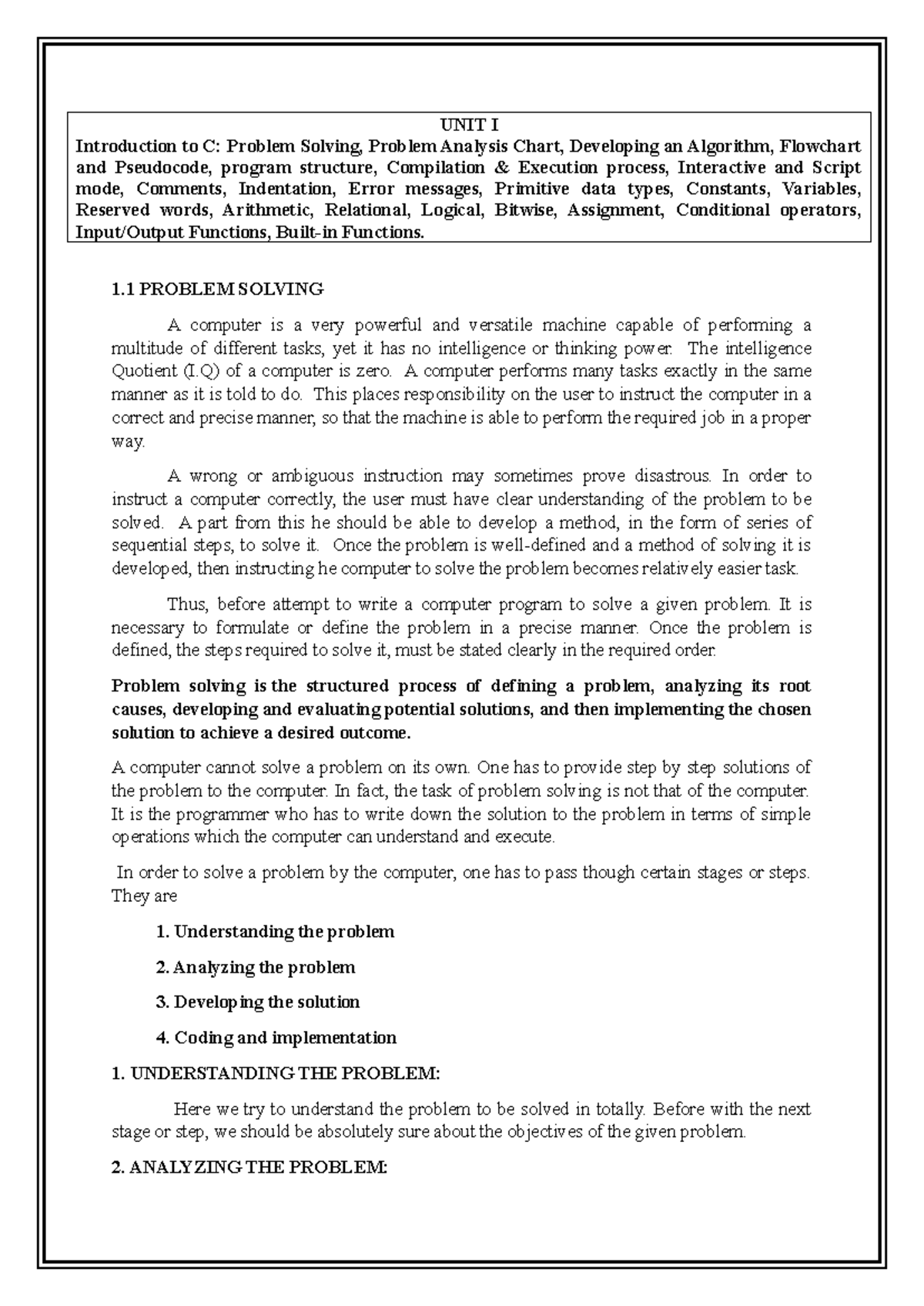 UNIT I - CS25C01: Intro to C Programming & Problem Solving Techniques ...