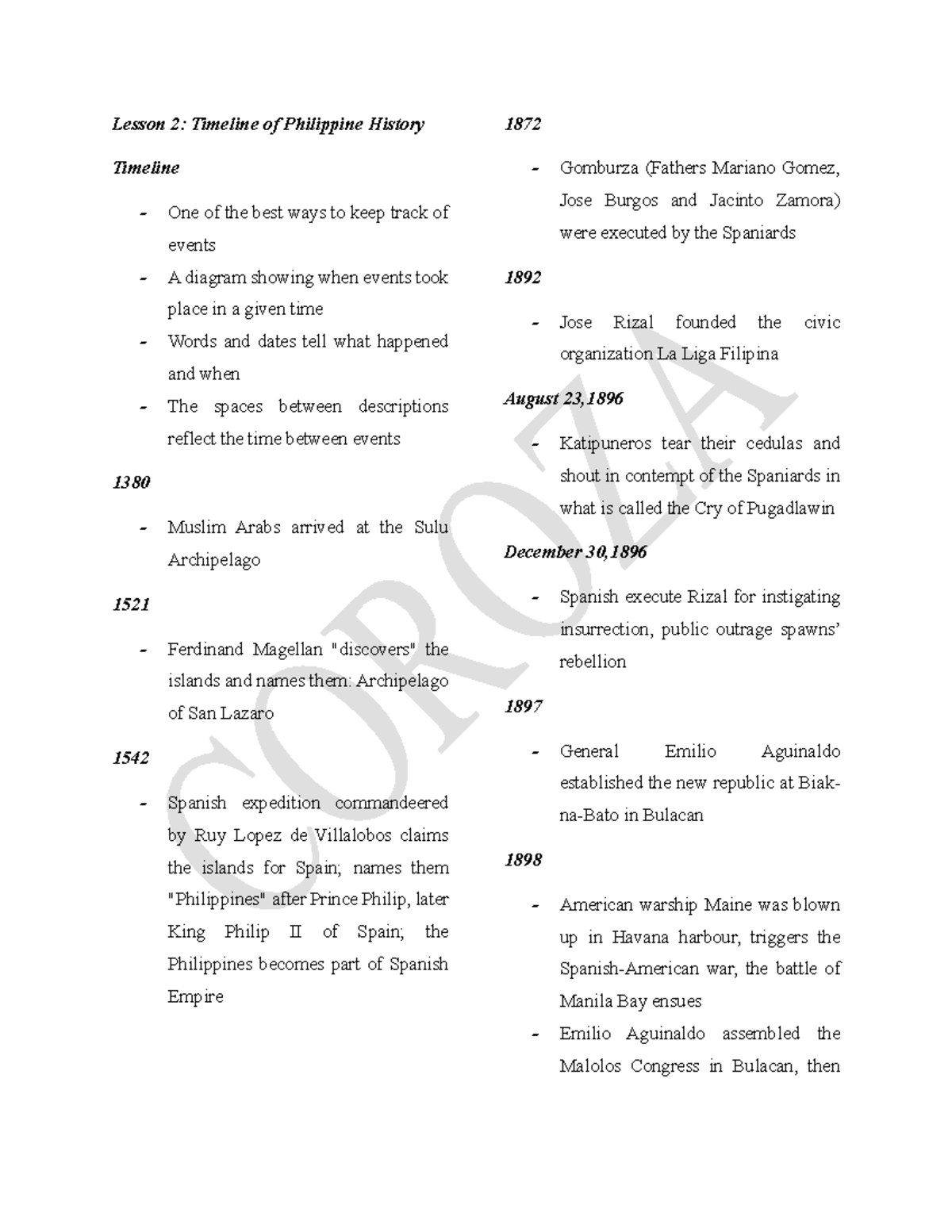 Lesson 2: Timeline of Philippine History (1872-1972) - Studocu