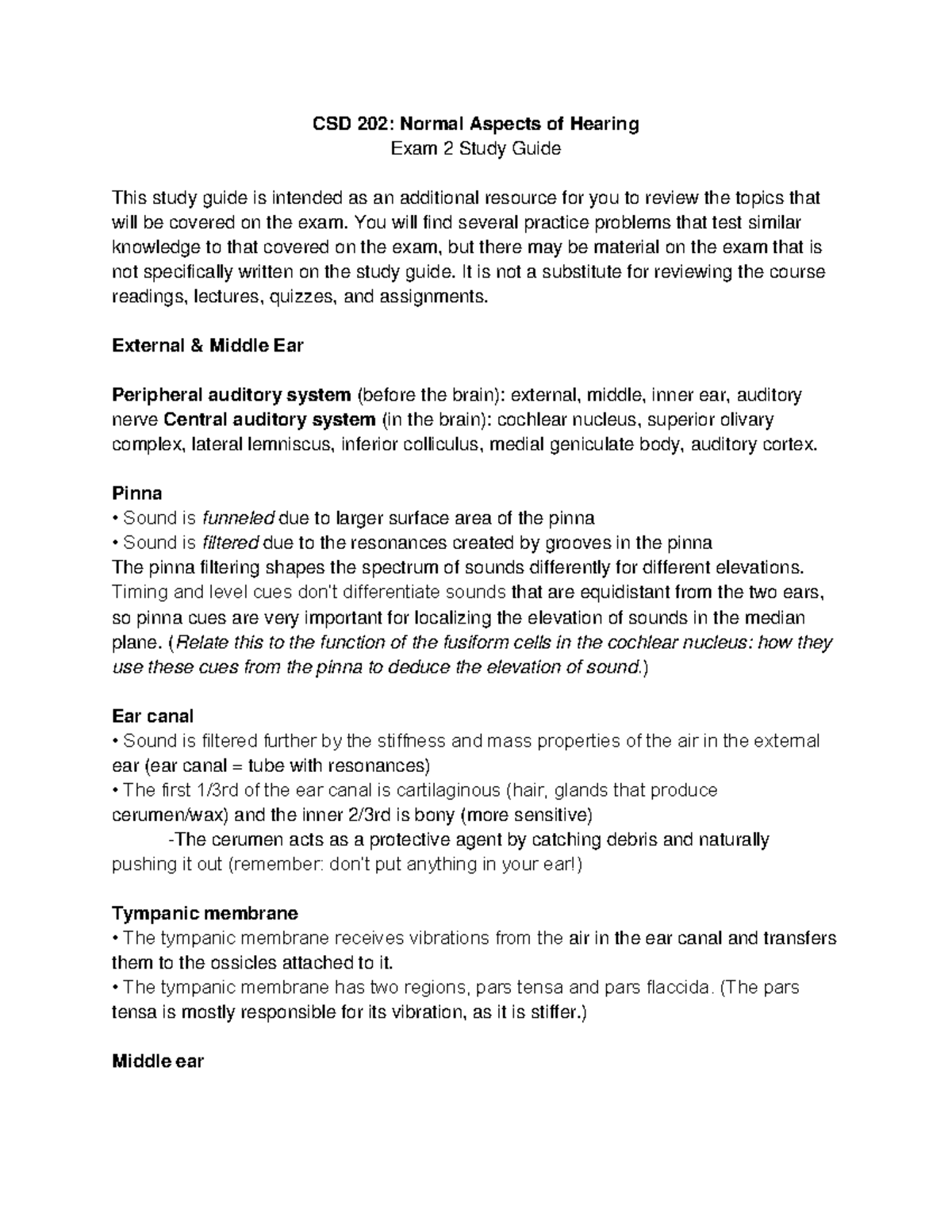 CSD 202: Exam 2 Study Guide on Auditory System Functions - CSD 202