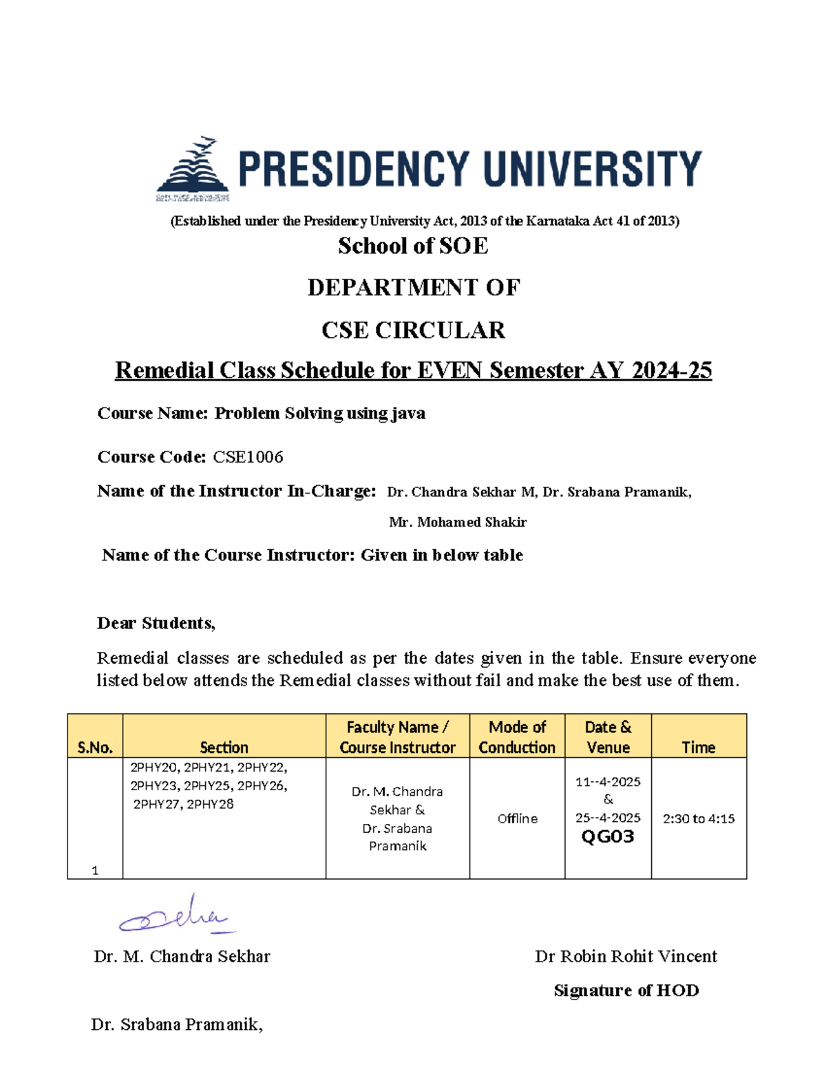 Problem Solving usng Java CSE1006 Remedial classes Circular SOE ...