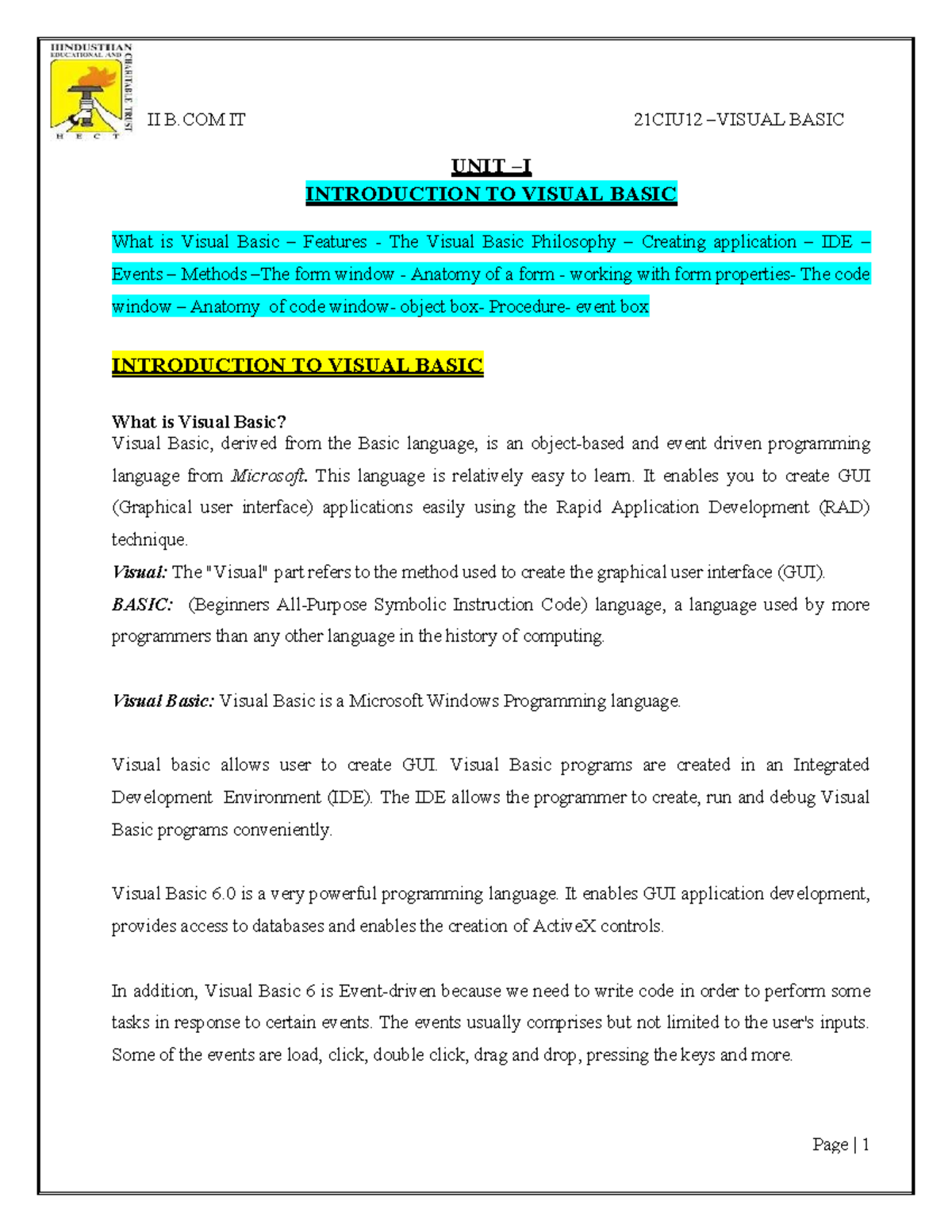 Visual Basic Programming Concepts and Features - II B.COM IT 21CIU12 ...