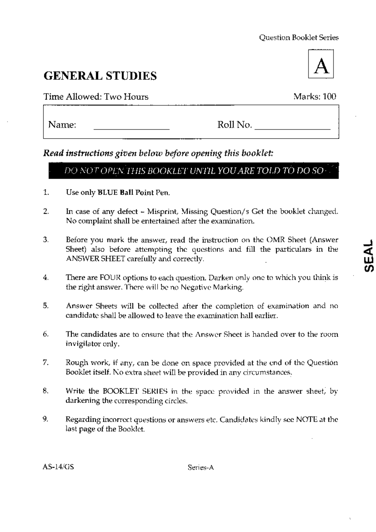 20 GS - General Studies Question Booklet Series A Exam Preparation ...