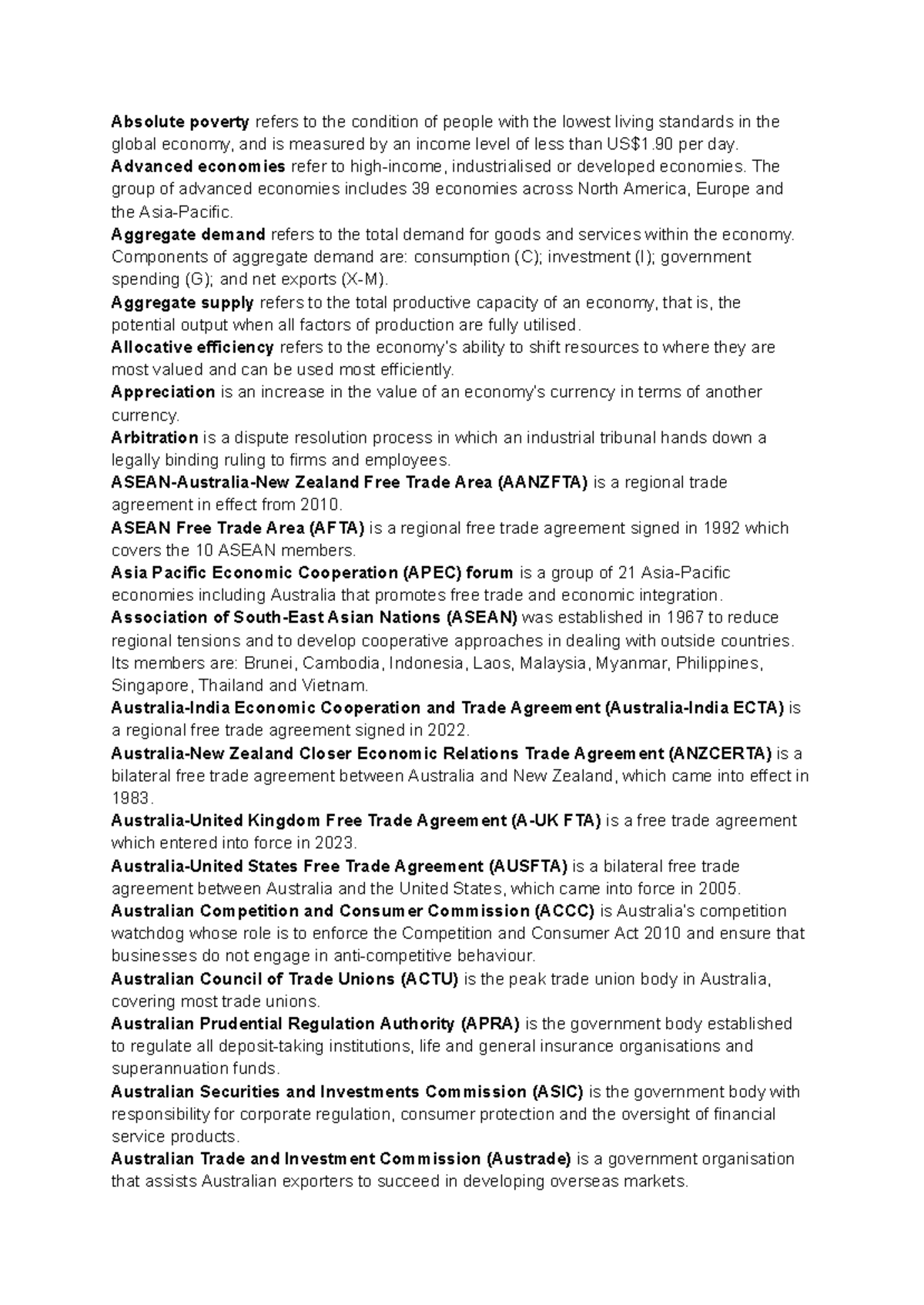 HSC Glossary of Economic Terms and Concepts - Studocu