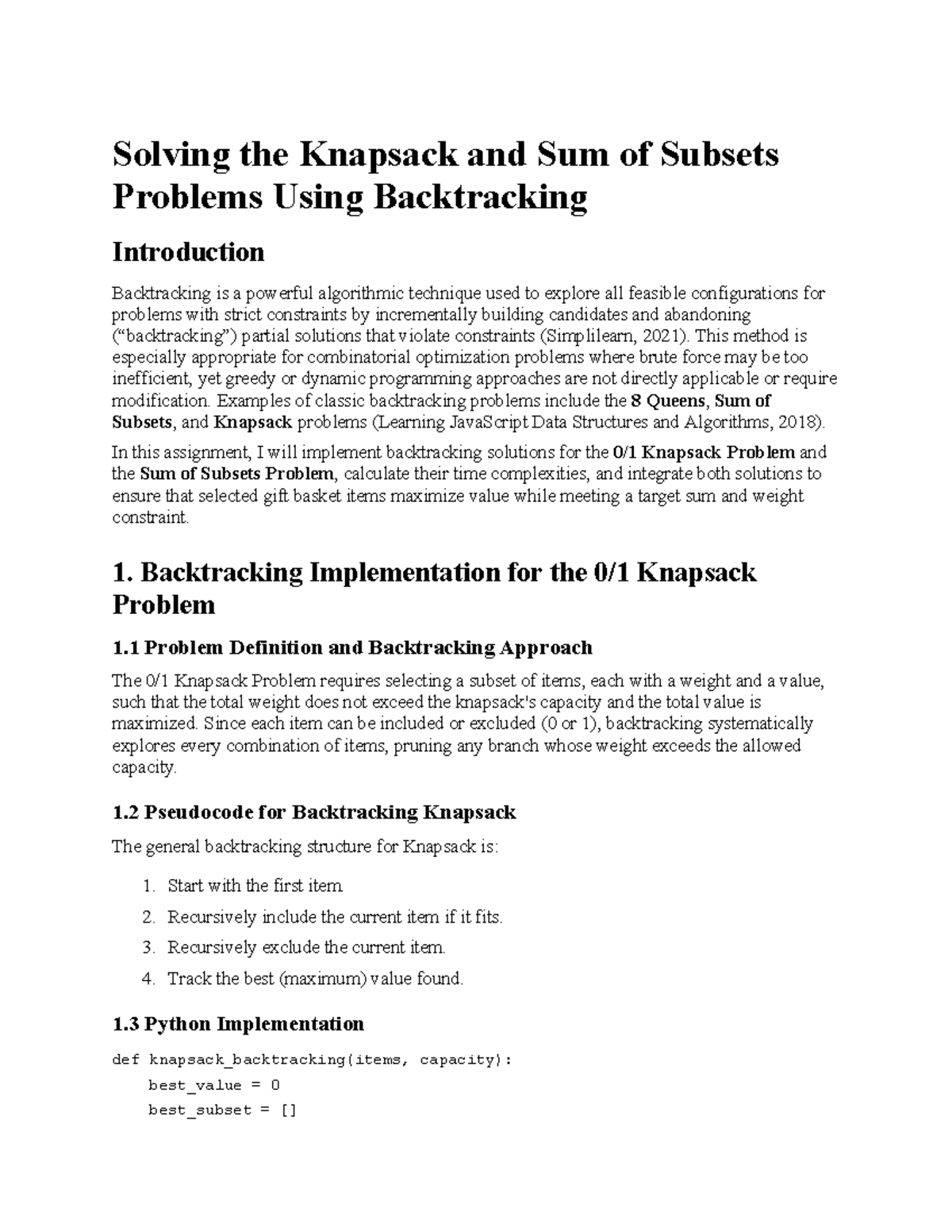 Analysis of Algorithms Assignment 5: Backtracking for Knapsack ...