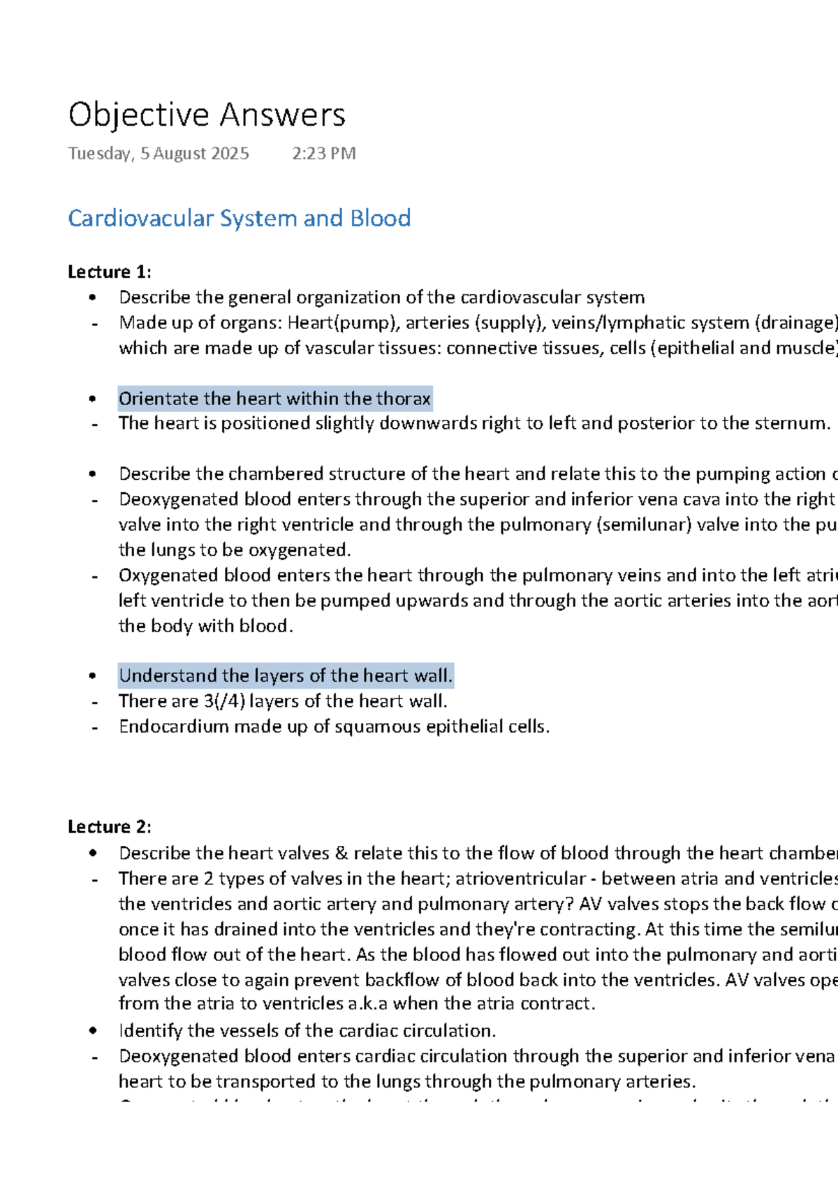 Cardiovascular System & Blood Lecture Notes - Objective Answers - Studocu
