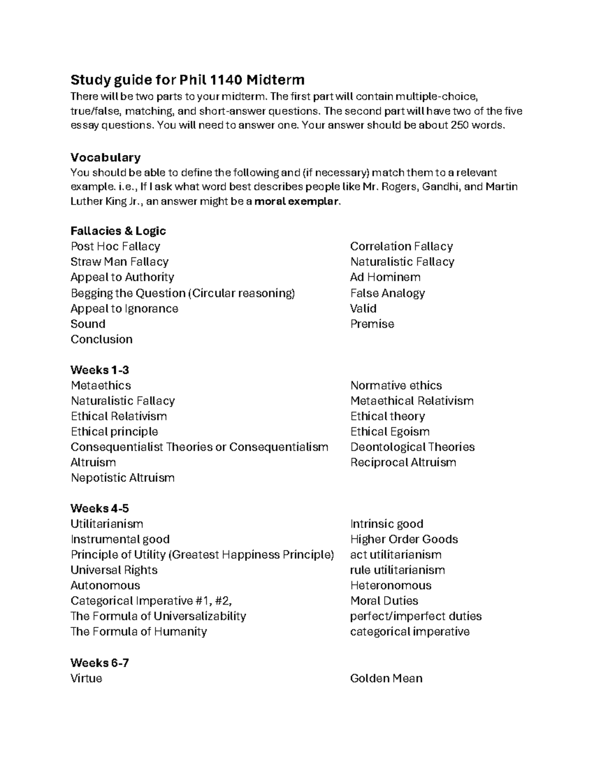 Phil 1140 Midterm Study Guide: Key Ethical Theories & Fallacies - Studocu