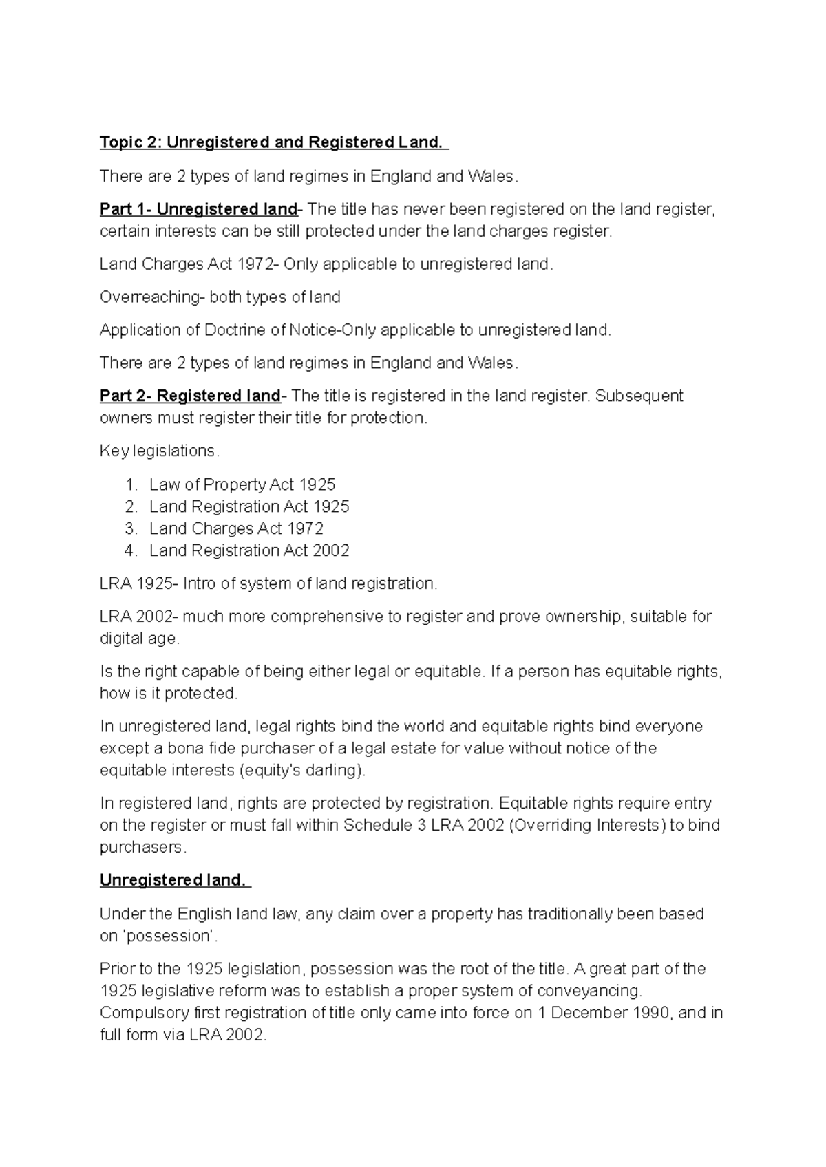 Topic 2: Unregistered vs Registered Land in England and Wales - Studocu