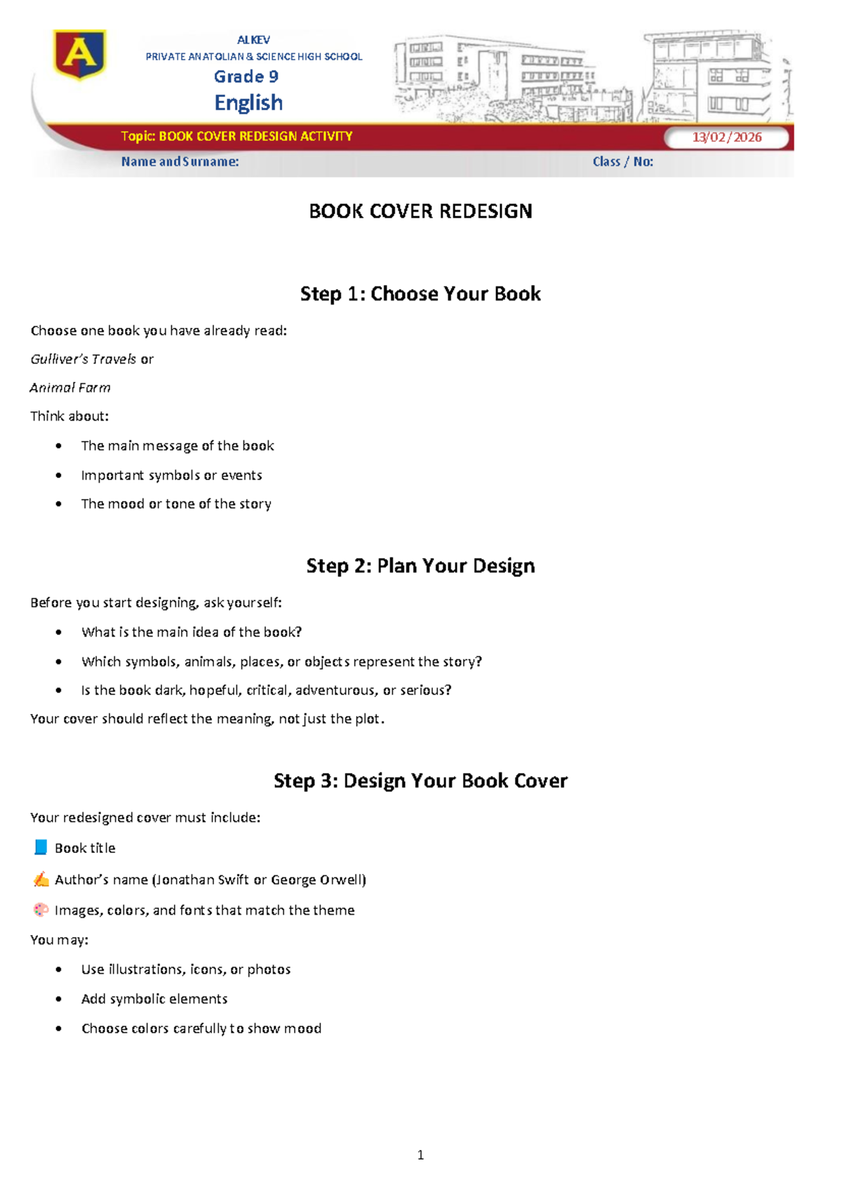 Grade 9 English: Book Cover Redesign Activity - Studocu